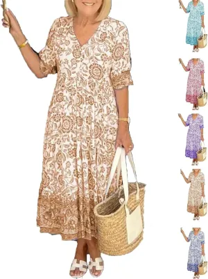 LOAIHA Women's Boho Floral Dresses V Neck Short Sleeve Tiered Flowy Plus Size Summer Vacation Knee Length Midi Dress