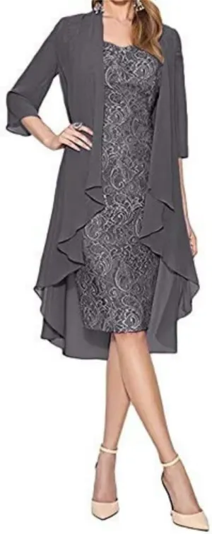 LOAIHA Womens Two Piece Outfits Midi Dress Lace Floral with Chiffon Jacket Sleeveless Crewneck Laced Wedding Guest Dresses