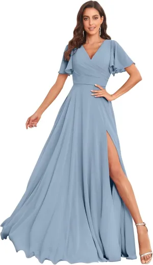 Long Chiffon Bridesmaid Dresses for Wedding Short Sleeve V Neck Formal Eevning Dresses