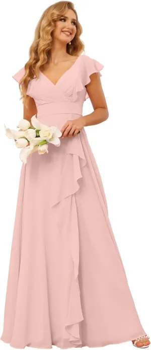 Long Chiffon Bridesmaid Dresses for Women V Neck Ruffled Split Long Formal Evening Dress