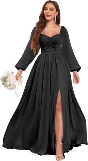 Long Sleeve Bridesmaid Dresses for Women Pleated Chiffon Long Formal Evening Dresses with Slit