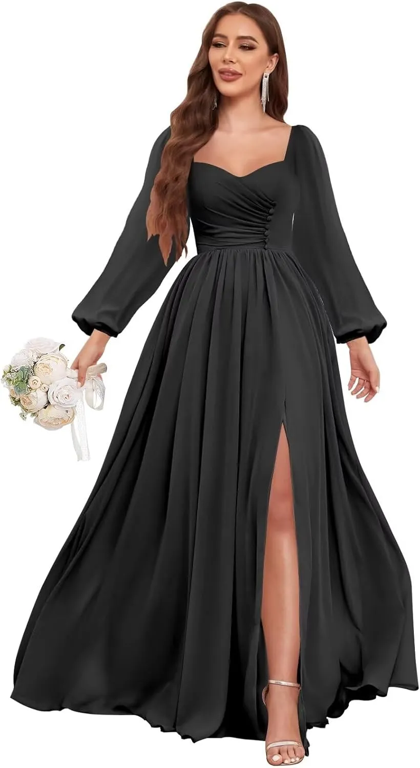 Long Sleeve Bridesmaid Dresses for Women Pleated Chiffon Long Formal Evening Dresses with Slit