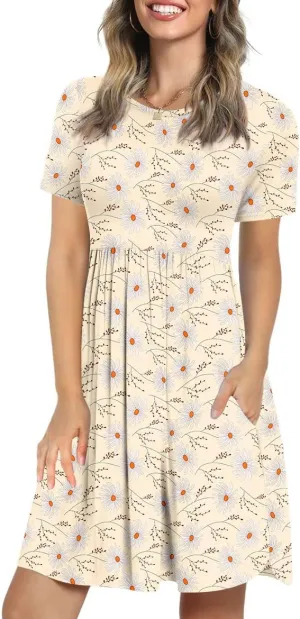 LONGYUAN Women's Casual Dresses 2025 Summer Short Sleeve Dress Hide Belly Loose Fit Sundress with Pockets S-3XL