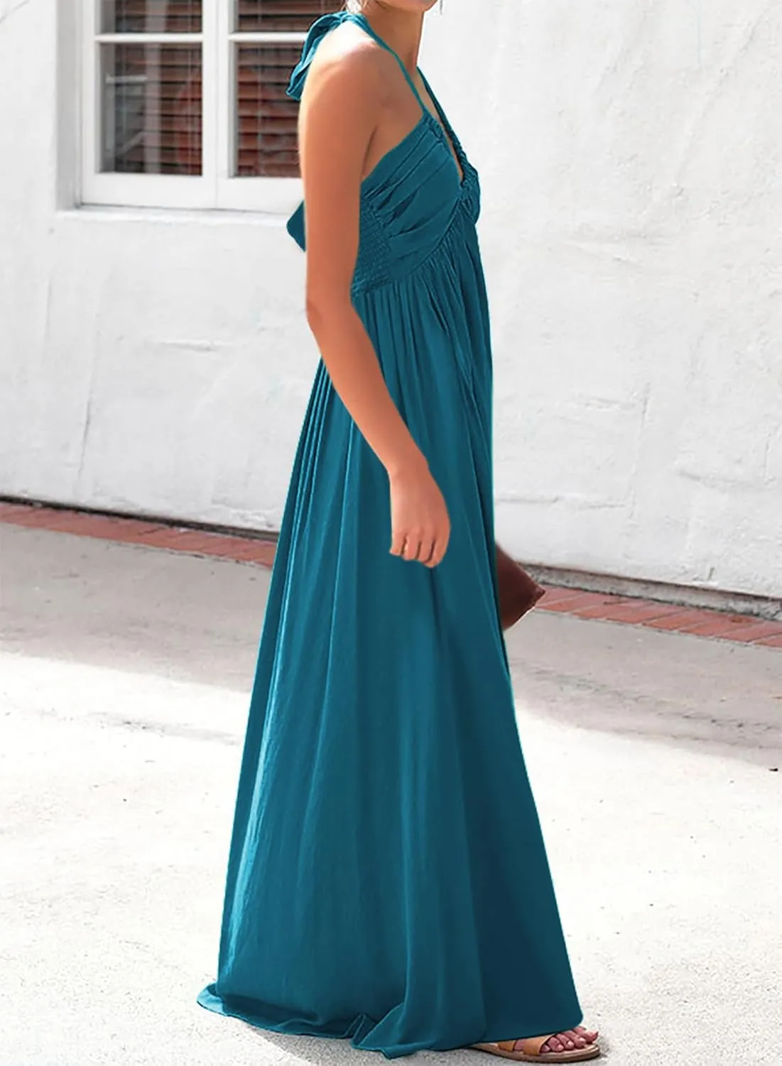 Maxi Chiffon Dresses for Women 2025 Sexy Halter V Neck Backless Smocked High Waisted A Line Beach Vacation Sundress