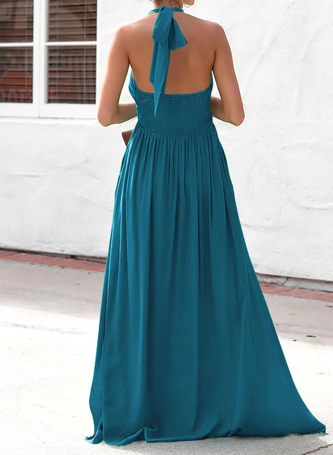 Maxi Chiffon Dresses for Women 2025 Sexy Halter V Neck Backless Smocked High Waisted A Line Beach Vacation Sundress