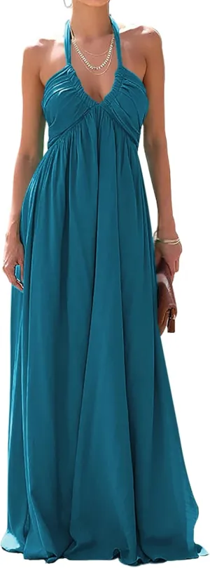 Maxi Chiffon Dresses for Women 2025 Sexy Halter V Neck Backless Smocked High Waisted A Line Beach Vacation Sundress