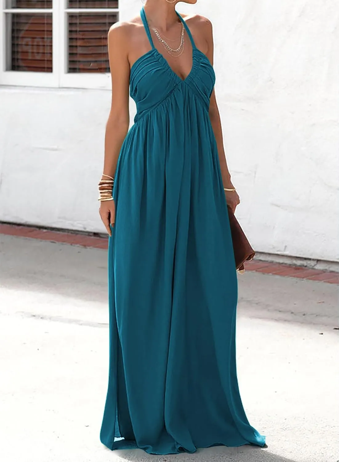 Maxi Chiffon Dresses for Women 2025 Sexy Halter V Neck Backless Smocked High Waisted A Line Beach Vacation Sundress