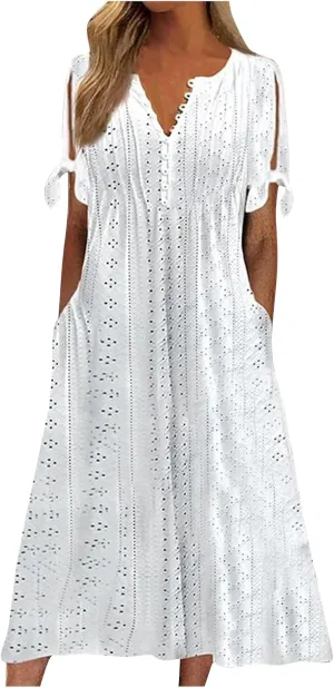 Maxi Dresses for Women 2025 Short Sleeve V Neck Eyelet Summer Dresses Trendy Long Boho Midi Shirt Dresses with Pockets