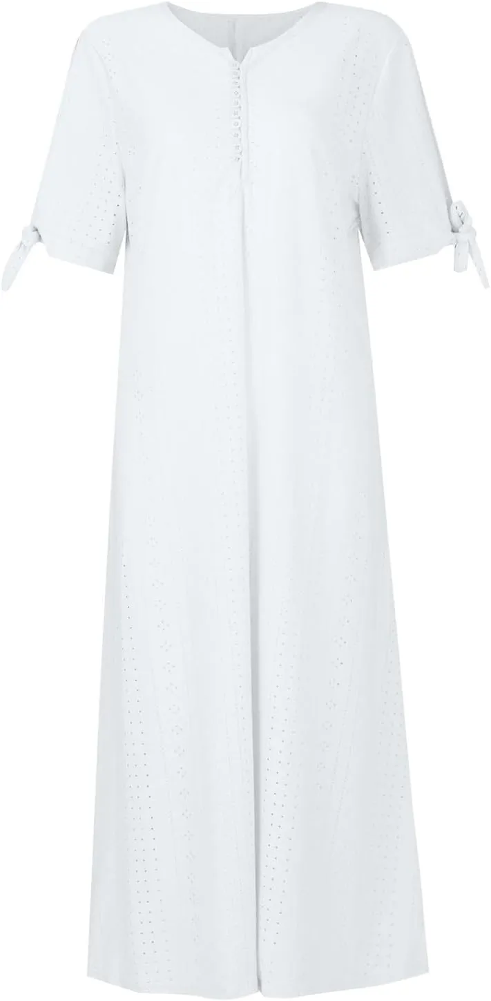 Maxi Dresses for Women 2025 Short Sleeve V Neck Eyelet Summer Dresses Trendy Long Boho Midi Shirt Dresses with Pockets