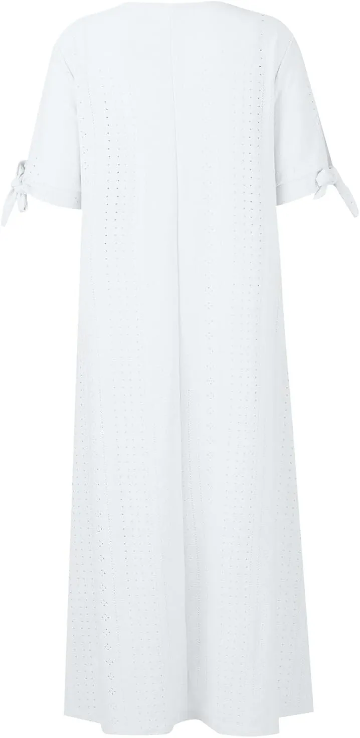 Maxi Dresses for Women 2025 Short Sleeve V Neck Eyelet Summer Dresses Trendy Long Boho Midi Shirt Dresses with Pockets