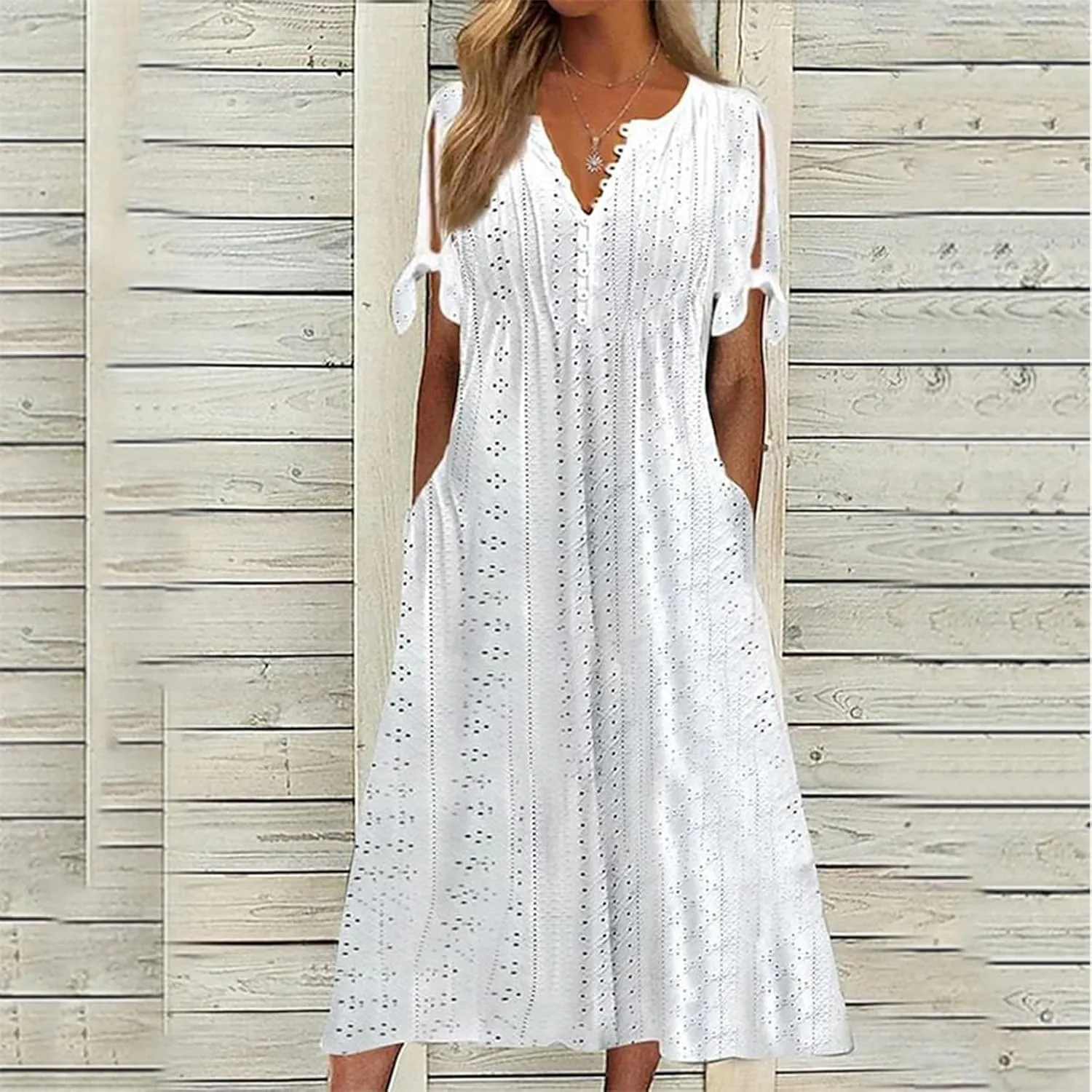 Maxi Dresses for Women 2025 Short Sleeve V Neck Eyelet Summer Dresses Trendy Long Boho Midi Shirt Dresses with Pockets