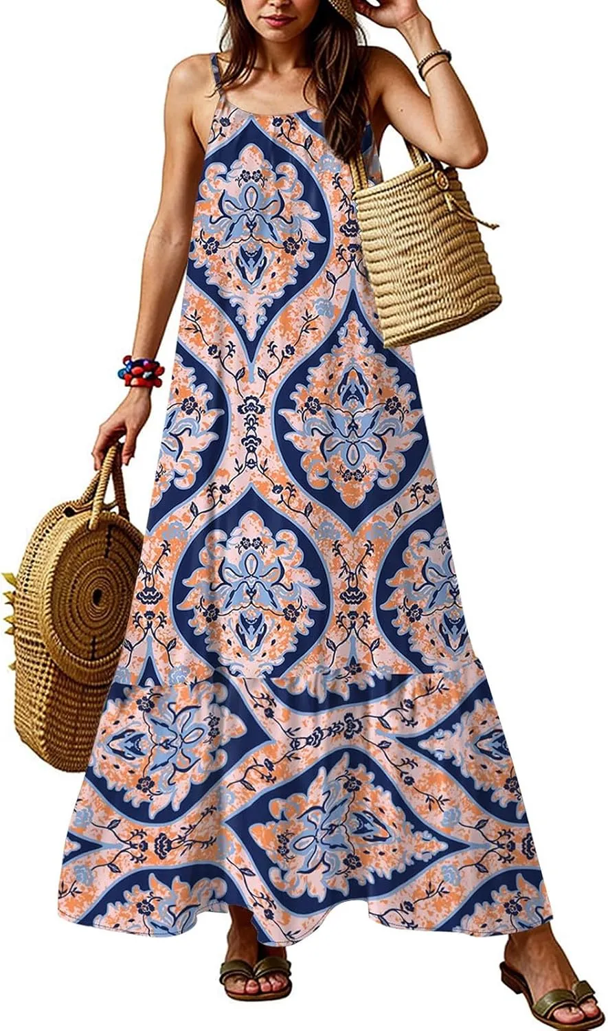 Maxi Dresses for Women 2025 Summer Boho Spaghetti Strap Maxi Dress Vintage Prin Long Dresses Casual Flowy Beach Dress