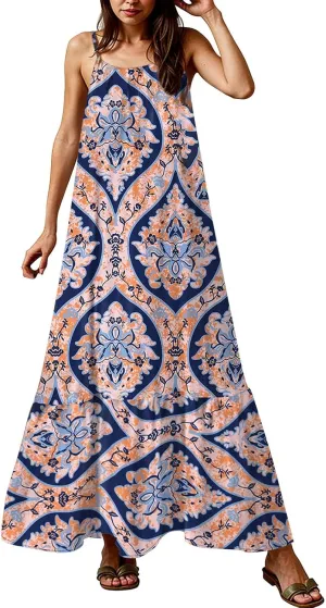 Maxi Dresses for Women 2025 Summer Boho Spaghetti Strap Maxi Dress Vintage Prin Long Dresses Casual Flowy Beach Dress