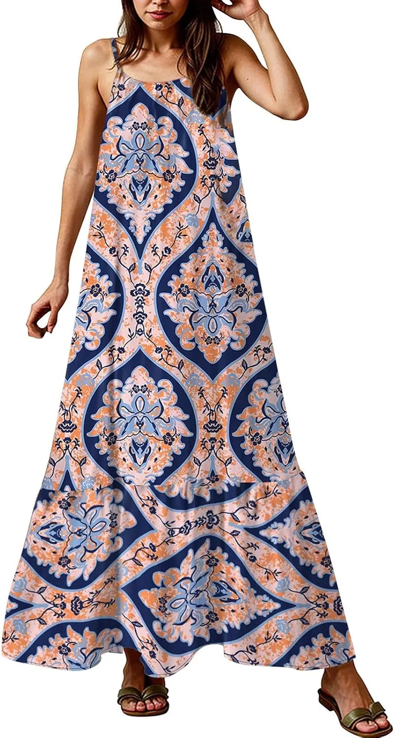 Maxi Dresses for Women 2025 Summer Boho Spaghetti Strap Maxi Dress Vintage Prin Long Dresses Casual Flowy Beach Dress