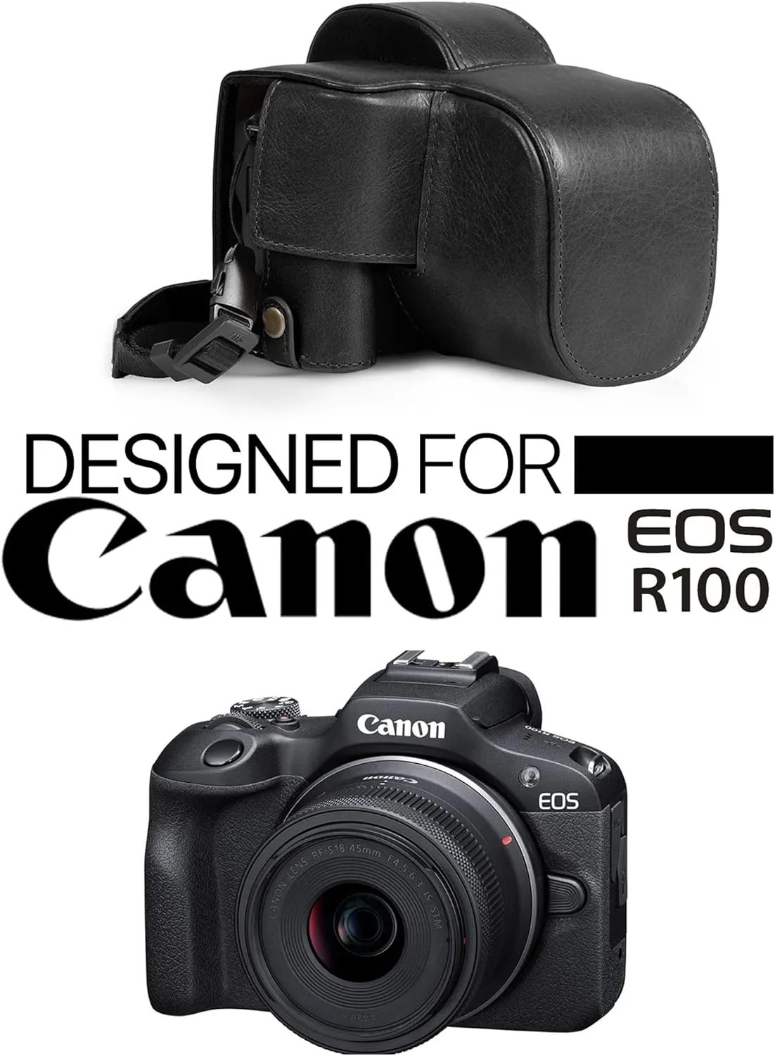 MegaGear Genuine Leather Camera Case for Canon EOS R100 (18-45mm) - Stylish and Protective - Black