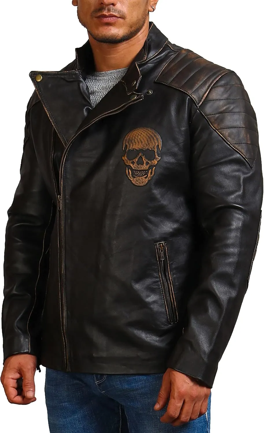 Mens Skull & Bones Black Distressed Leather Vintage Motorcycle Cowhide Jacket