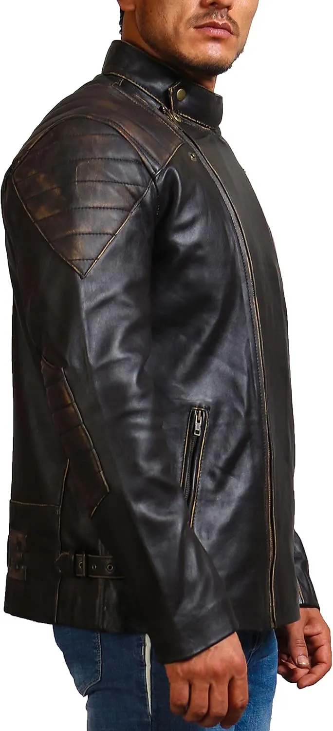Mens Skull & Bones Black Distressed Leather Vintage Motorcycle Cowhide Jacket