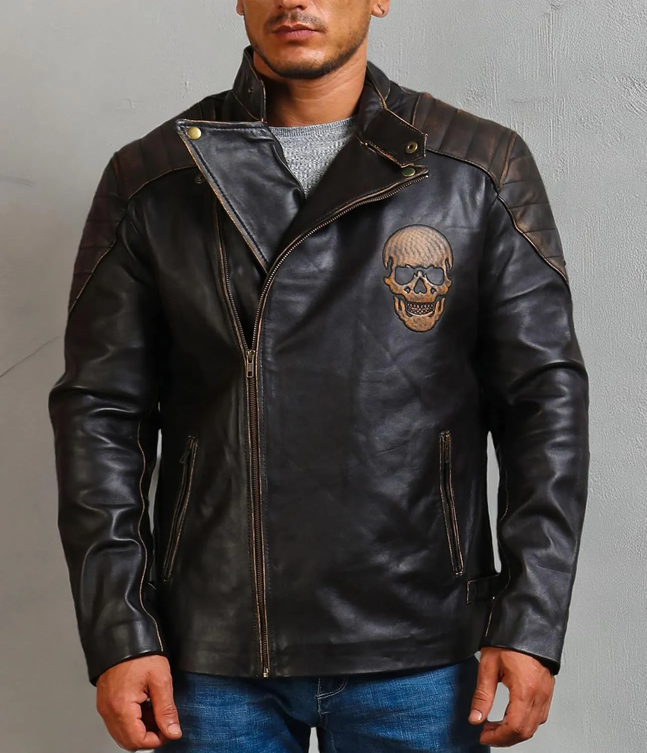 Mens Skull & Bones Black Distressed Leather Vintage Motorcycle Cowhide Jacket