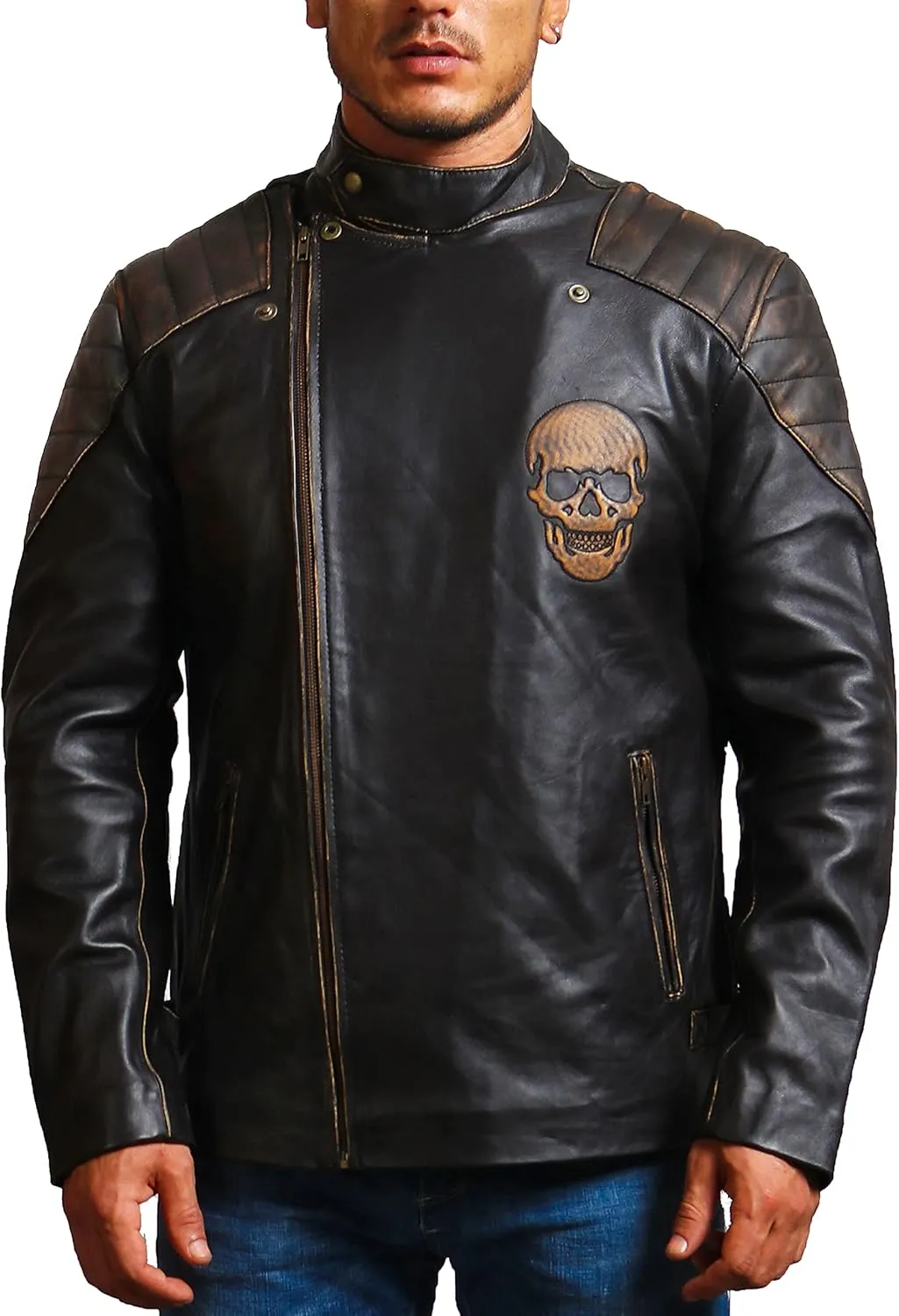Mens Skull & Bones Black Distressed Leather Vintage Motorcycle Cowhide Jacket