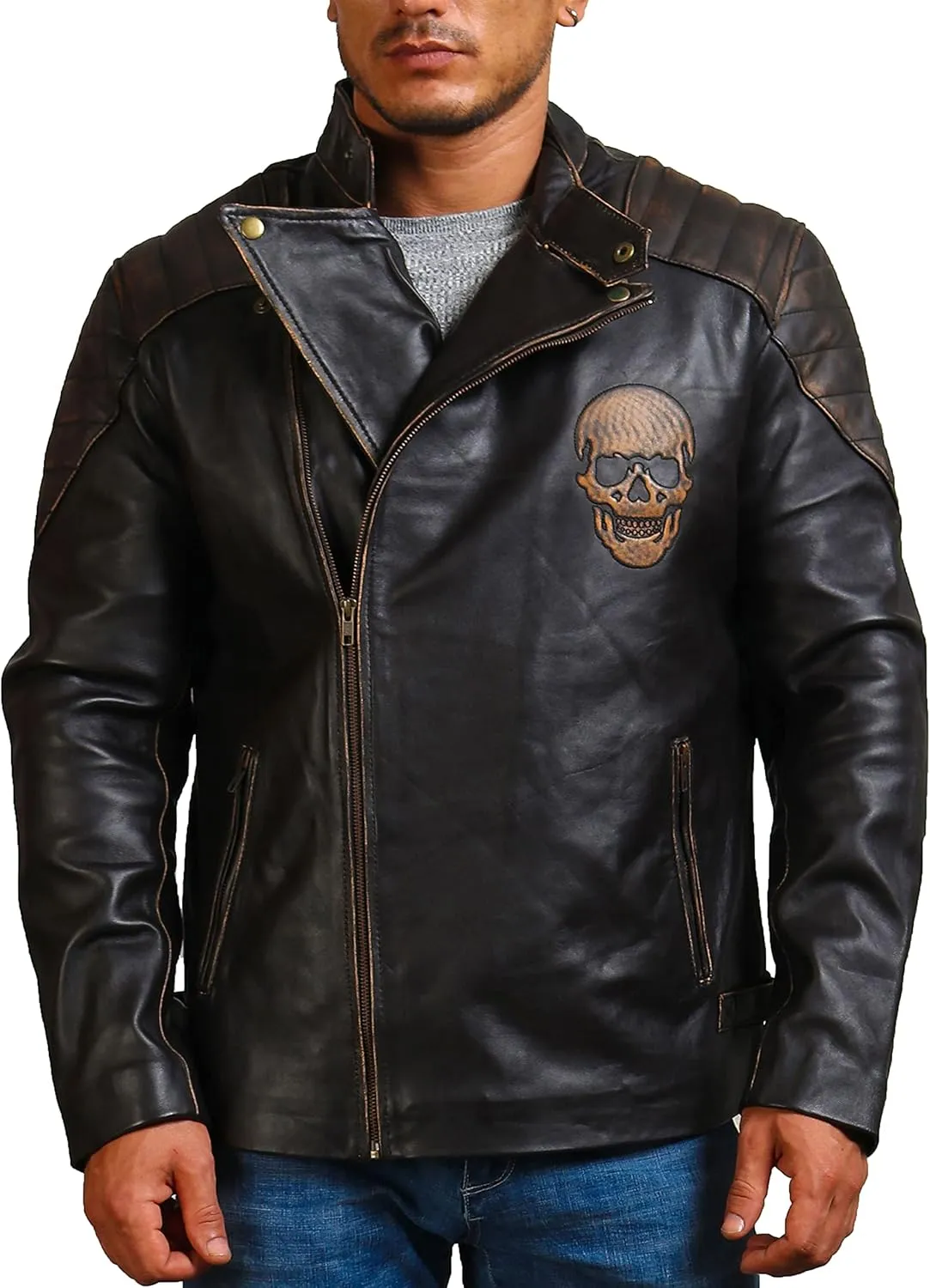 Mens Skull & Bones Black Distressed Leather Vintage Motorcycle Cowhide Jacket