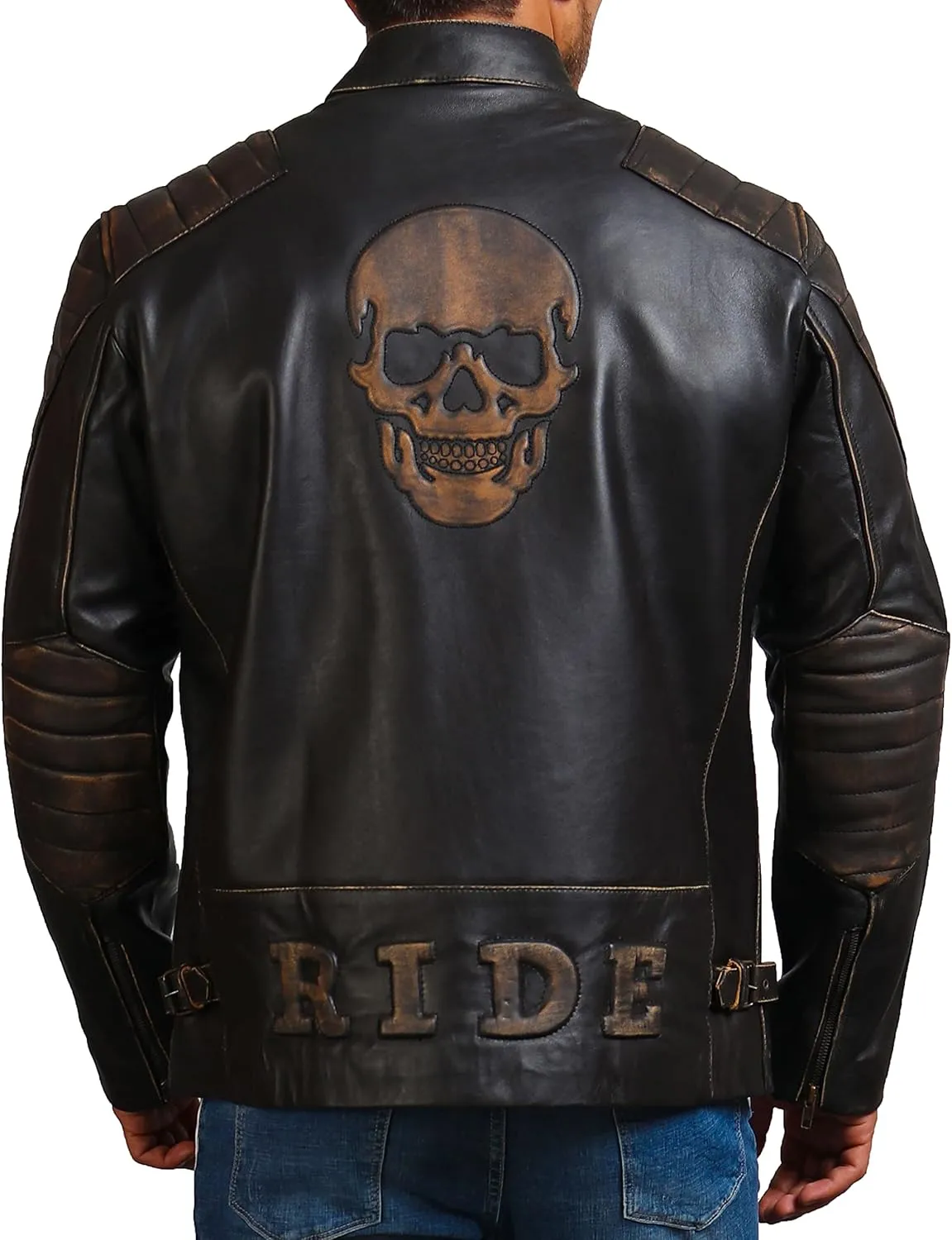 Mens Skull & Bones Black Distressed Leather Vintage Motorcycle Cowhide Jacket