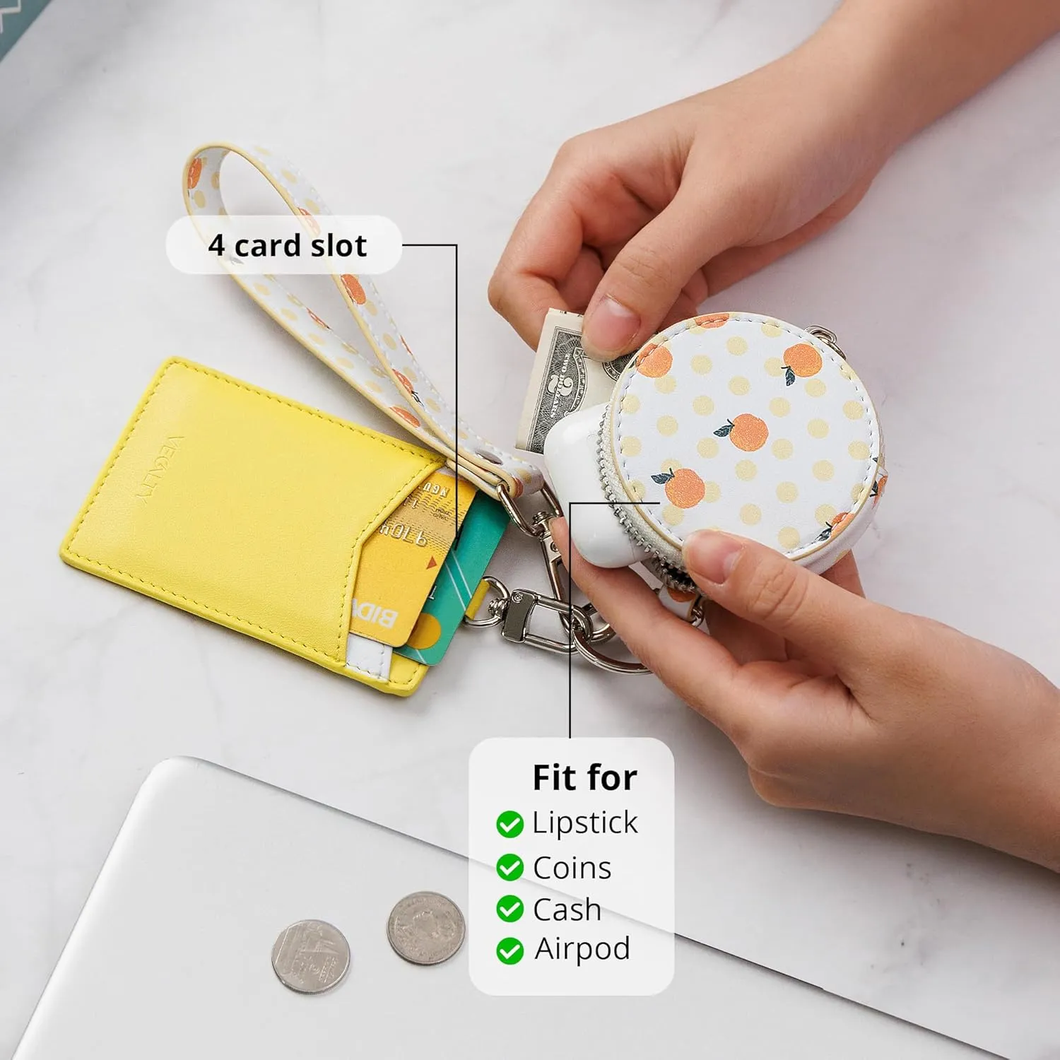 Microfiber Leather Keychain Wristlet Wallet for Women Dual Pouch Wristlet Mini Purse with Card Holder Women Wallet Portable Landyard Coin Purse Keychain