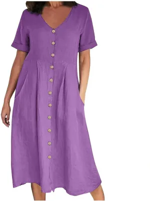 Midi Dresses for Women 2024 Summer Short Sleeve V Neck Button Down Dress Plus Size Cotton Linen Dress with Pockets