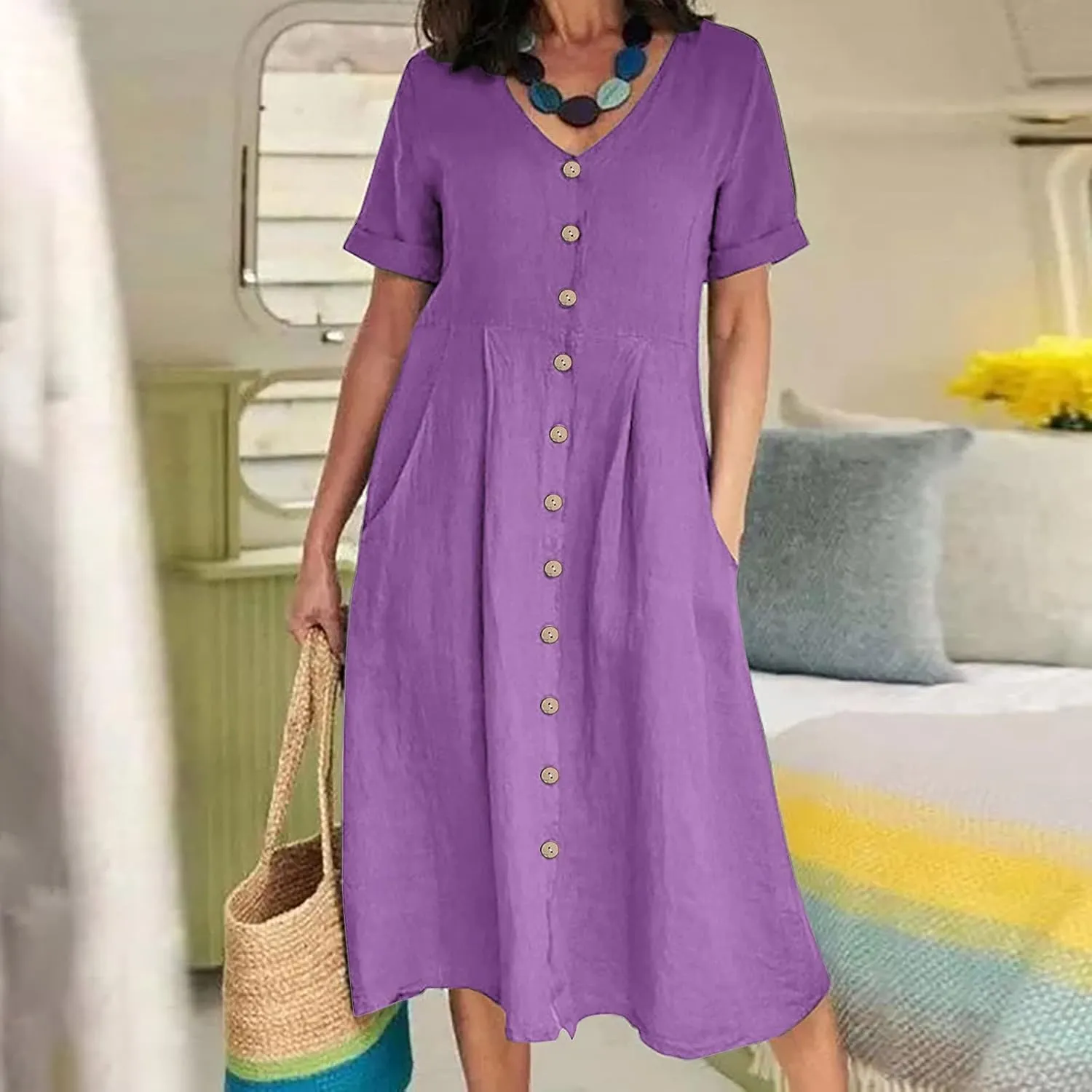 Midi Dresses for Women 2024 Summer Short Sleeve V Neck Button Down Dress Plus Size Cotton Linen Dress with Pockets