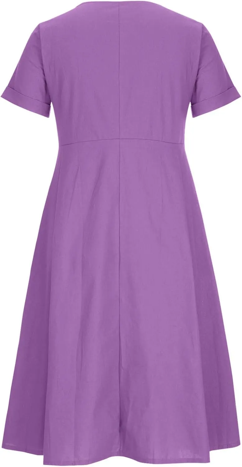 Midi Dresses for Women 2024 Summer Short Sleeve V Neck Button Down Dress Plus Size Cotton Linen Dress with Pockets