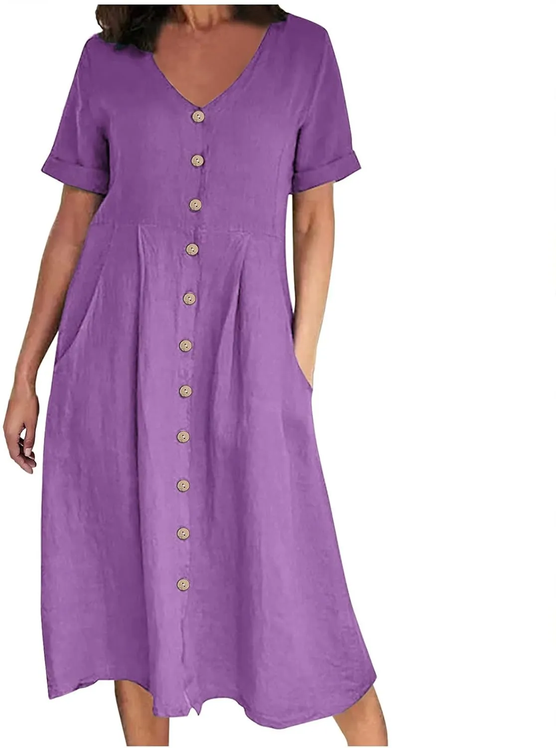 Midi Dresses for Women 2024 Summer Short Sleeve V Neck Button Down Dress Plus Size Cotton Linen Dress with Pockets