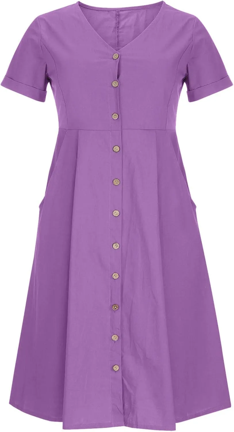 Midi Dresses for Women 2024 Summer Short Sleeve V Neck Button Down Dress Plus Size Cotton Linen Dress with Pockets
