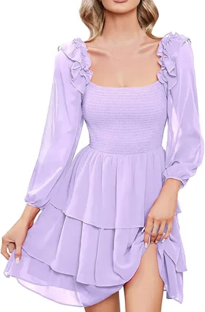 Mini Dresses for Women,Tiered Ruffle Chiffon Midi Dress Summer Long Sleeve Smocked Dress,Elegant Square Neck Dress