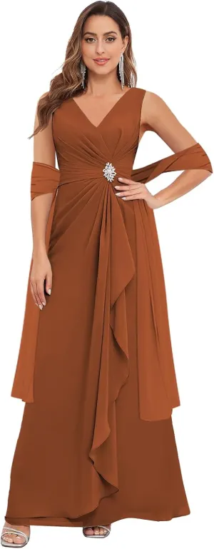 Mother of The Bride Dresses with Shawl Sleeveless for Wedding Chiffon V Neck Ruffle Long Formal Evening Dress