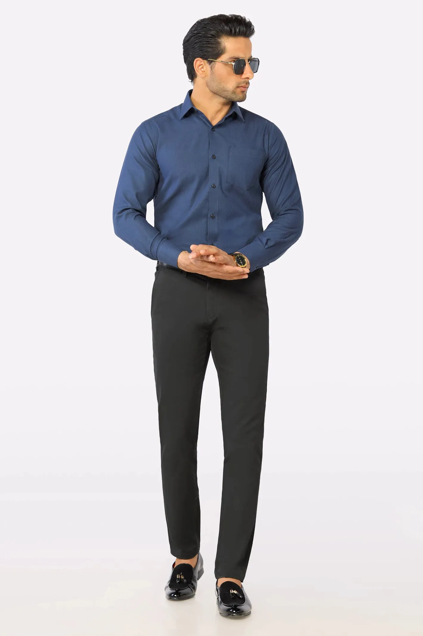 Navy Blue Stripe Textured Formal Shirt