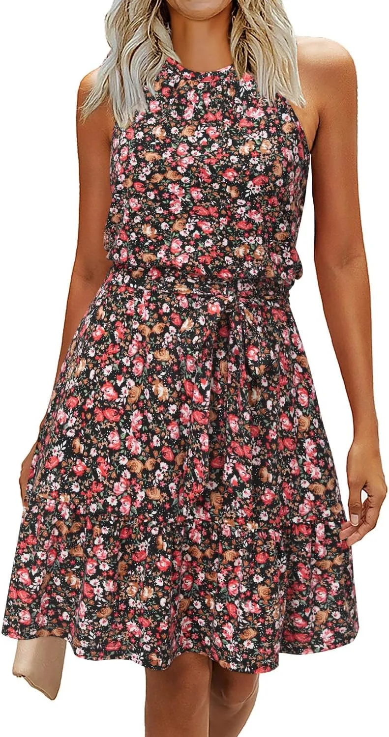 Newshows Womens 2025 Summer Dress Halter Wedding Guest Casual Beach Vacation Outfits Belted Sundresses with Pockets