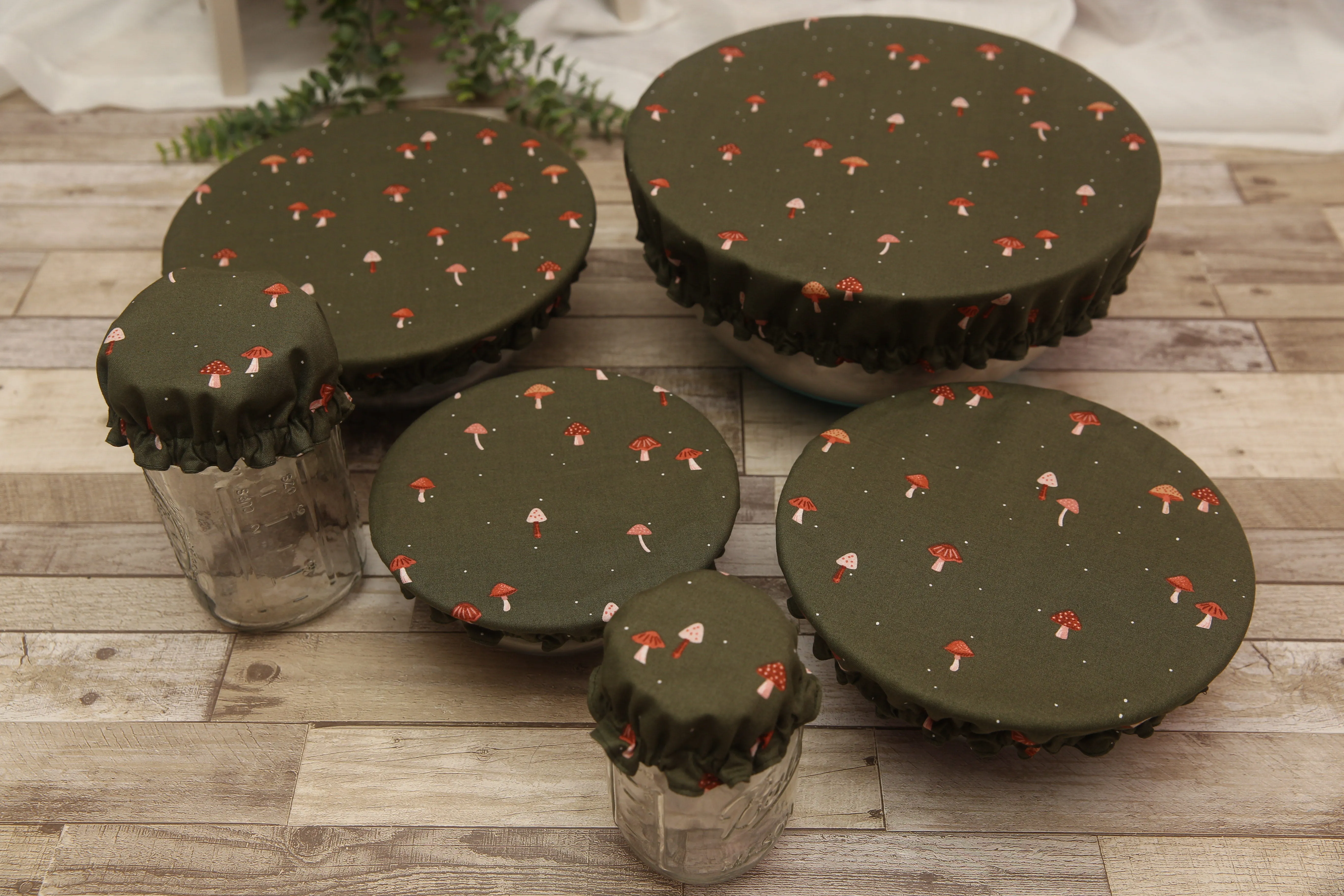 NON-PROP (Mini Mushrooms) Bowl, Jar, Cup, Plate COVERS; Hot Pad; Jar Opener; Mini Mushrooms; MADE TO ORDER
