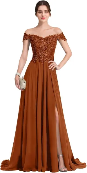 Off The Shoulder Lace Chiffon Prom Dresses Long Bridesmaid Dresses A-Line Formal Gown Evening Dresses for Women