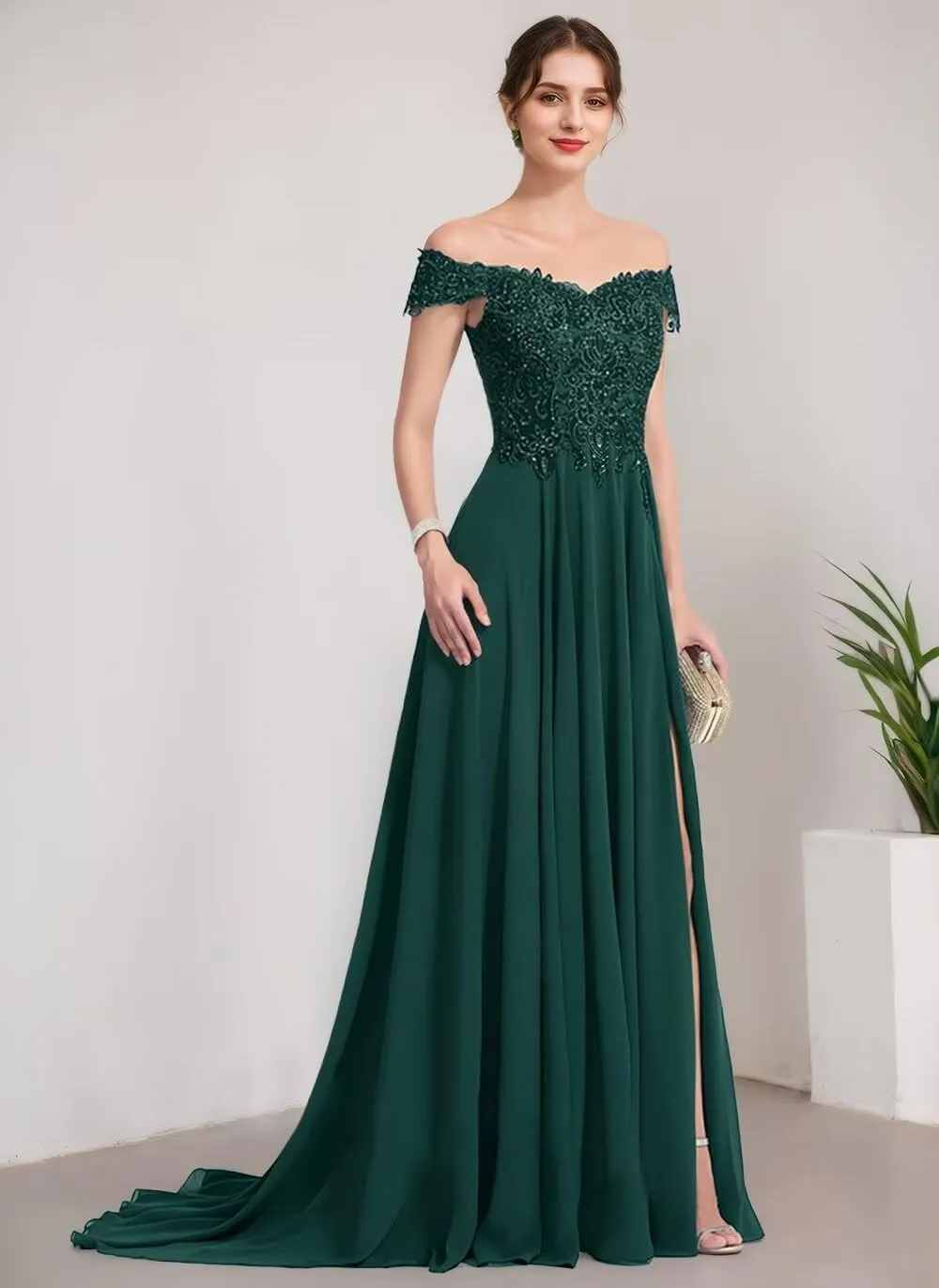 Off The Shoulder Lace Chiffon Prom Dresses Long Bridesmaid Dresses A-Line Formal Gown Evening Dresses for Women