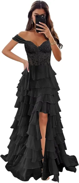 Off The Shoulder Prom Dresses for Women 2025 Long Lace Appliques Tiered Chiffon Formal Dress with Slit
