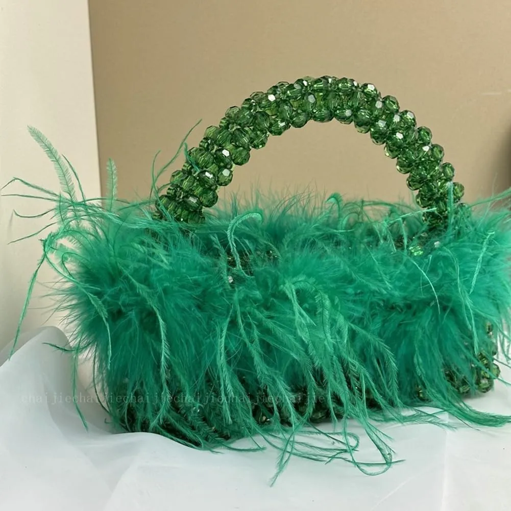 Ostrich Feather Beaded Purse for Women Shiny Evening Clutch Trendy Tote Gorgeous Handbags for Vacation Feast Party Wedding