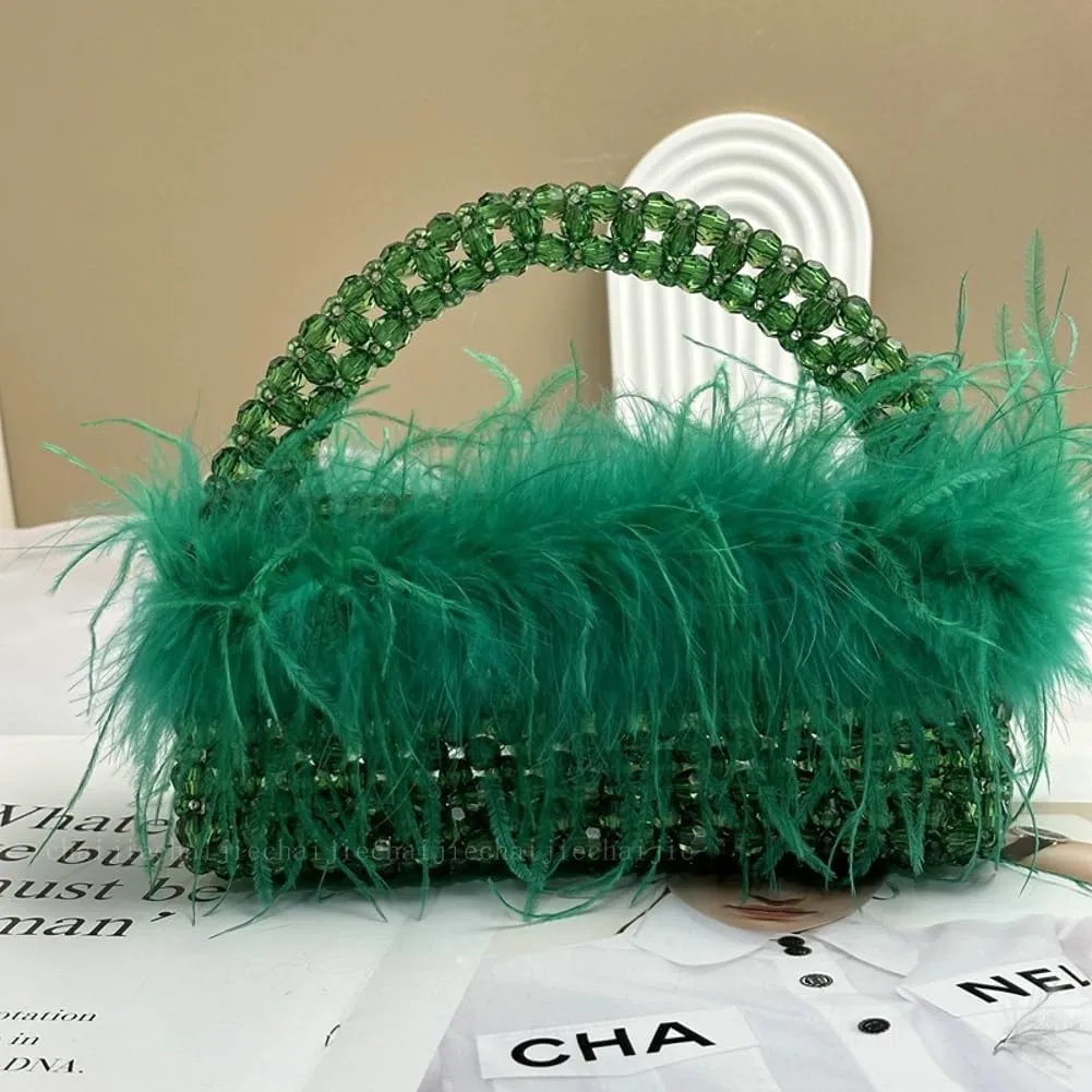 Ostrich Feather Beaded Purse for Women Shiny Evening Clutch Trendy Tote Gorgeous Handbags for Vacation Feast Party Wedding