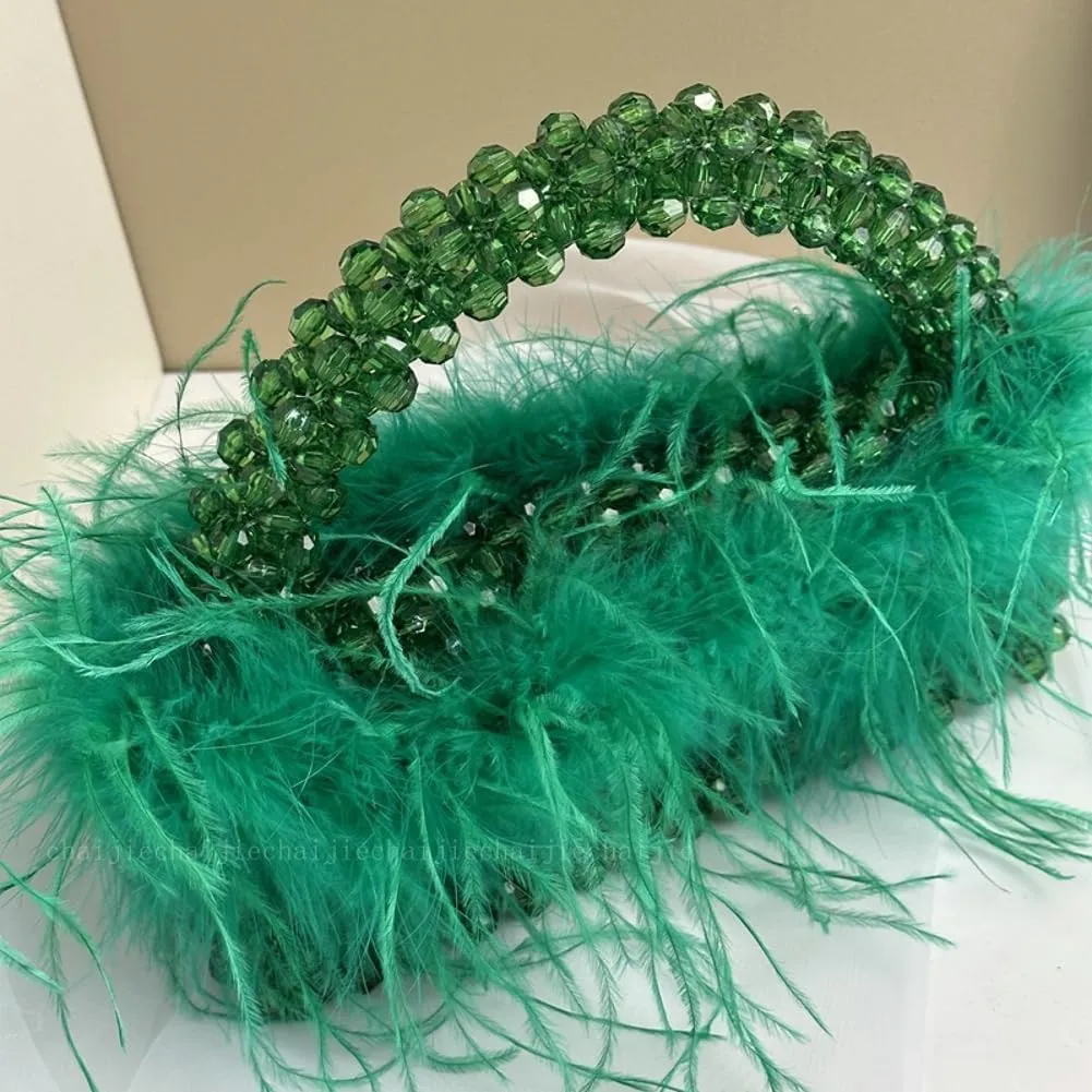 Ostrich Feather Beaded Purse for Women Shiny Evening Clutch Trendy Tote Gorgeous Handbags for Vacation Feast Party Wedding