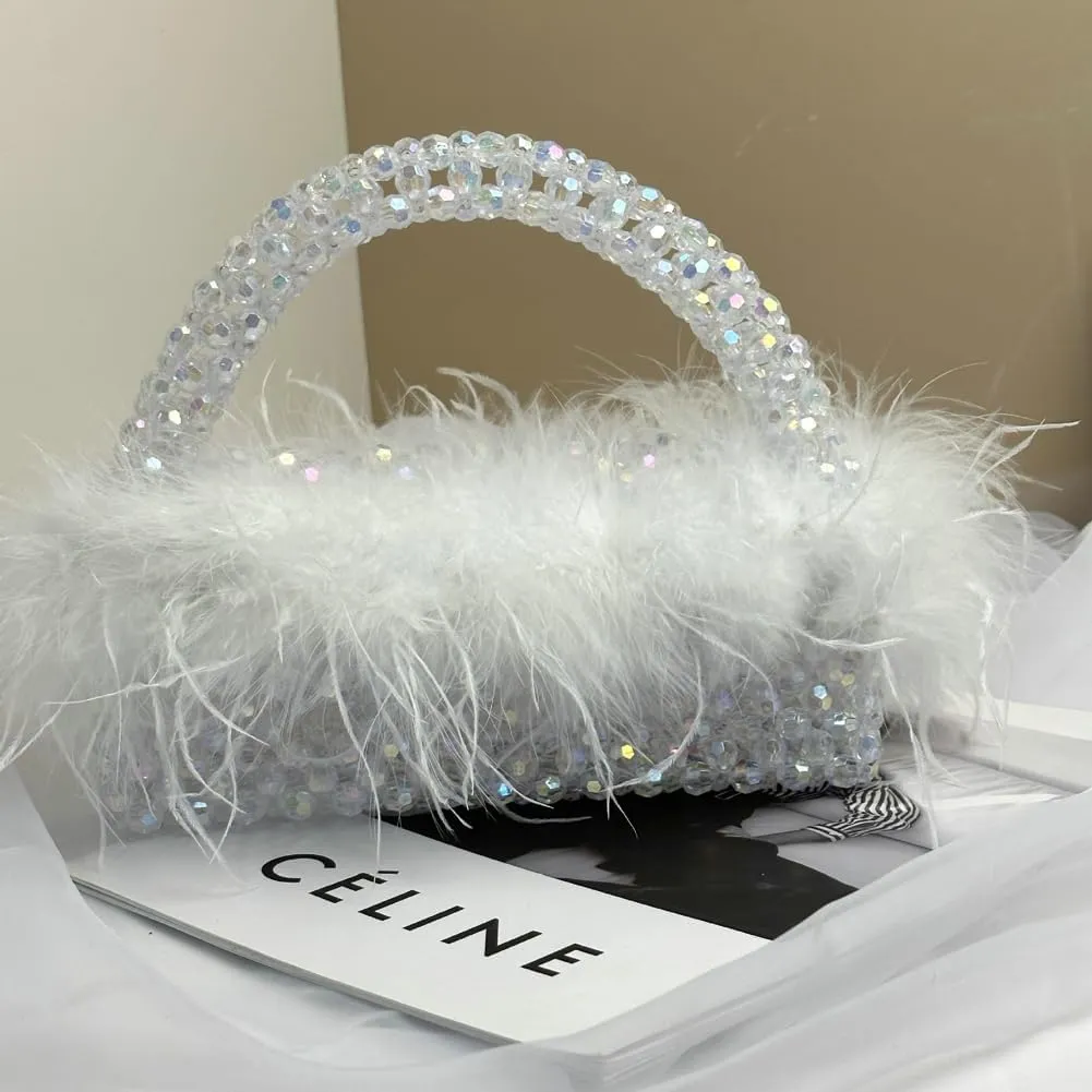 Ostrich Feather Beaded Purse for Women Shiny Evening Clutch Trendy Tote Gorgeous Handbags for Vacation Feast Party Wedding