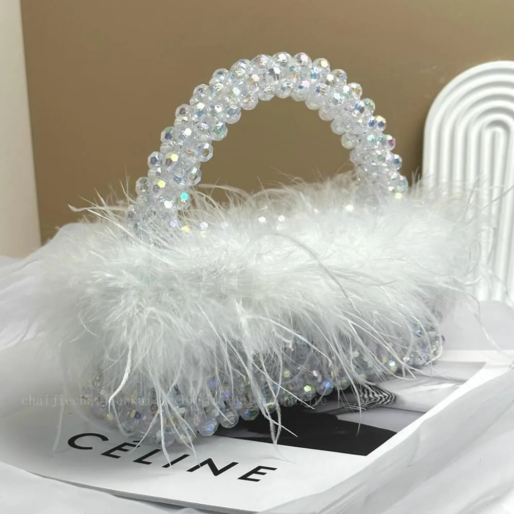 Ostrich Feather Beaded Purse for Women Shiny Evening Clutch Trendy Tote Gorgeous Handbags for Vacation Feast Party Wedding