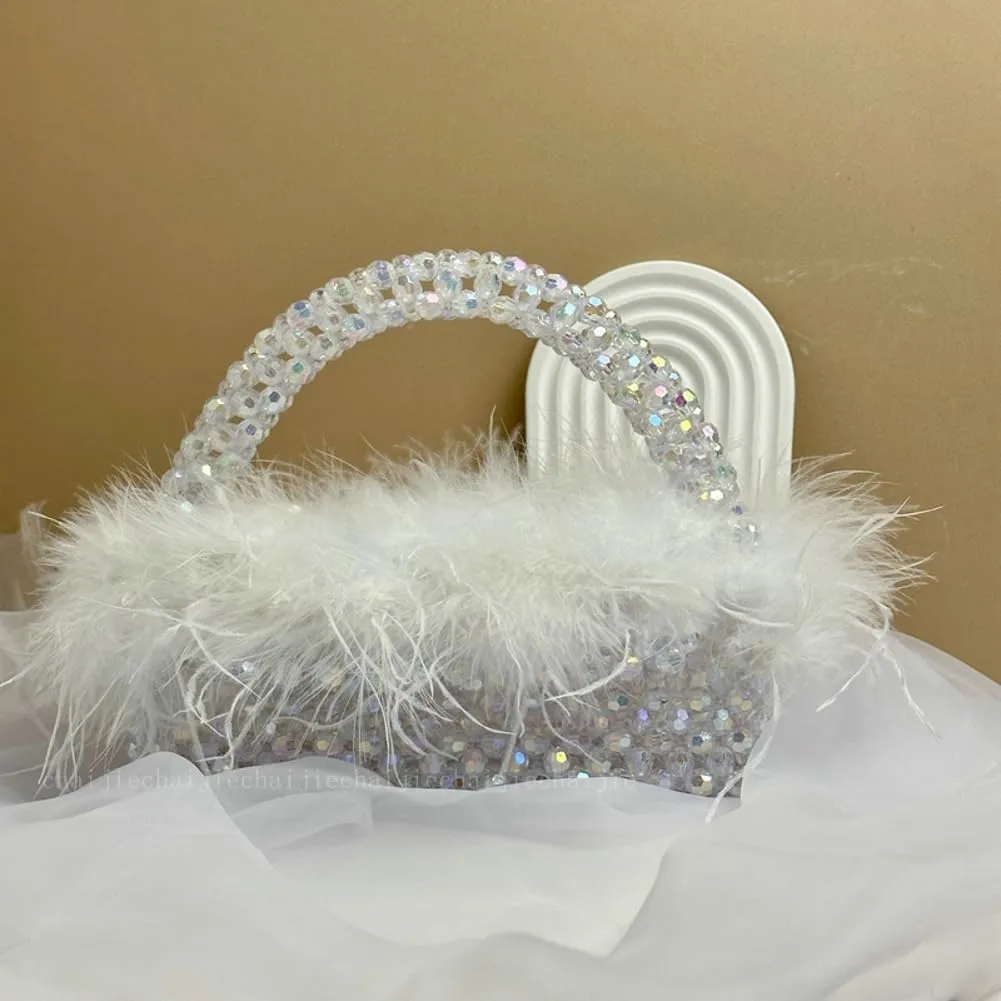 Ostrich Feather Beaded Purse for Women Shiny Evening Clutch Trendy Tote Gorgeous Handbags for Vacation Feast Party Wedding