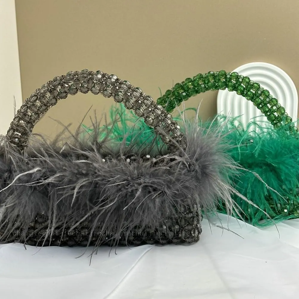 Ostrich Feather Beaded Purse for Women Shiny Evening Clutch Trendy Tote Gorgeous Handbags for Vacation Feast Party Wedding