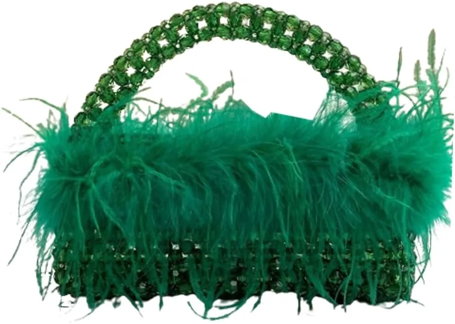 Ostrich Feather Beaded Purse for Women Shiny Evening Clutch Trendy Tote Gorgeous Handbags for Vacation Feast Party Wedding
