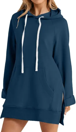 Oversized Hoodie Dress for Women Casual Warm Drawstring Long Sweatshirt with Pocket Fashion Split Hem Long Sleeve Hoodies