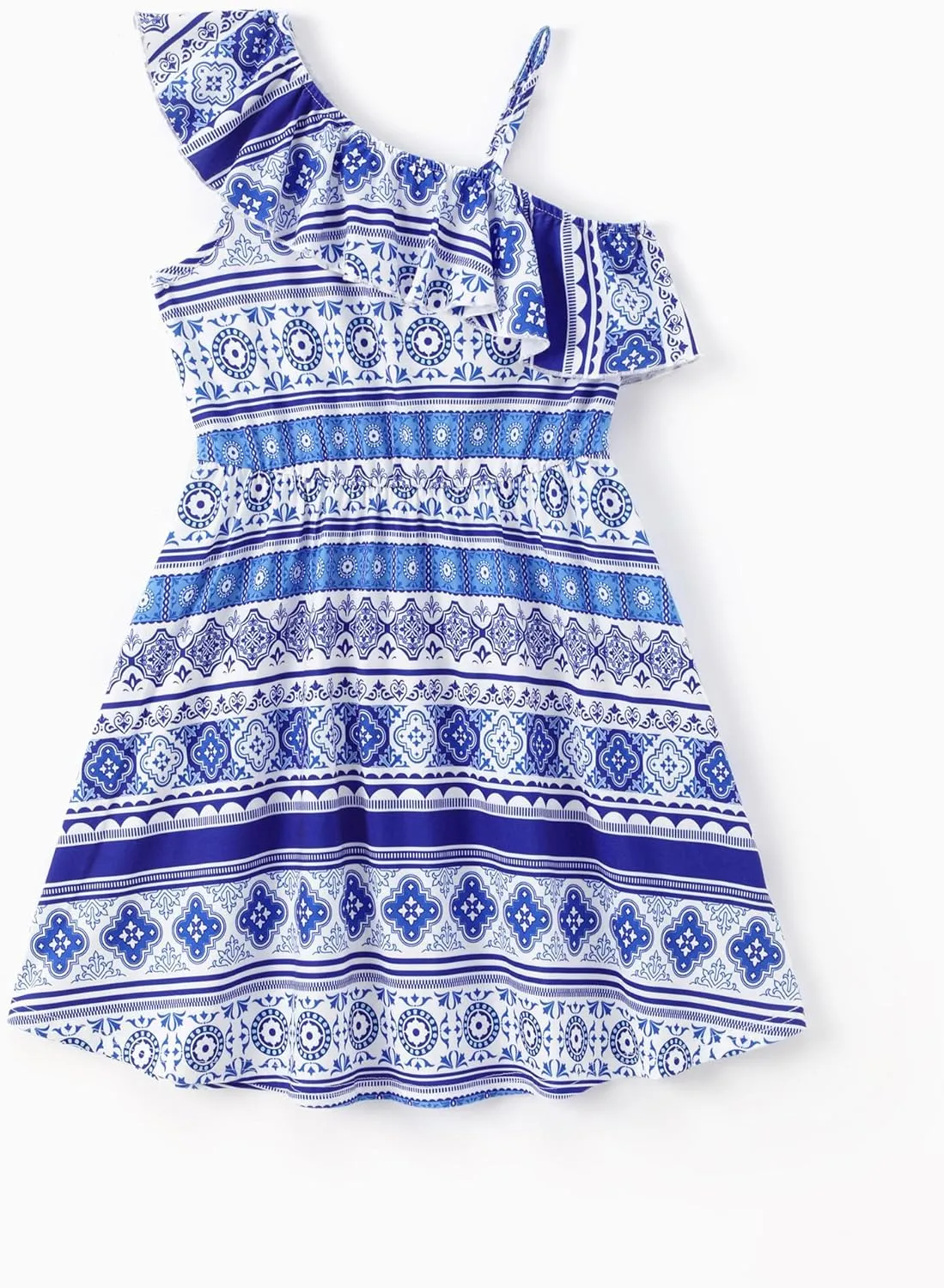 PATPAT Girls Summer Beach Dress Boho Hawaiian Floral One Shoulder Sundress Pack of 2 Size 3-10 Years