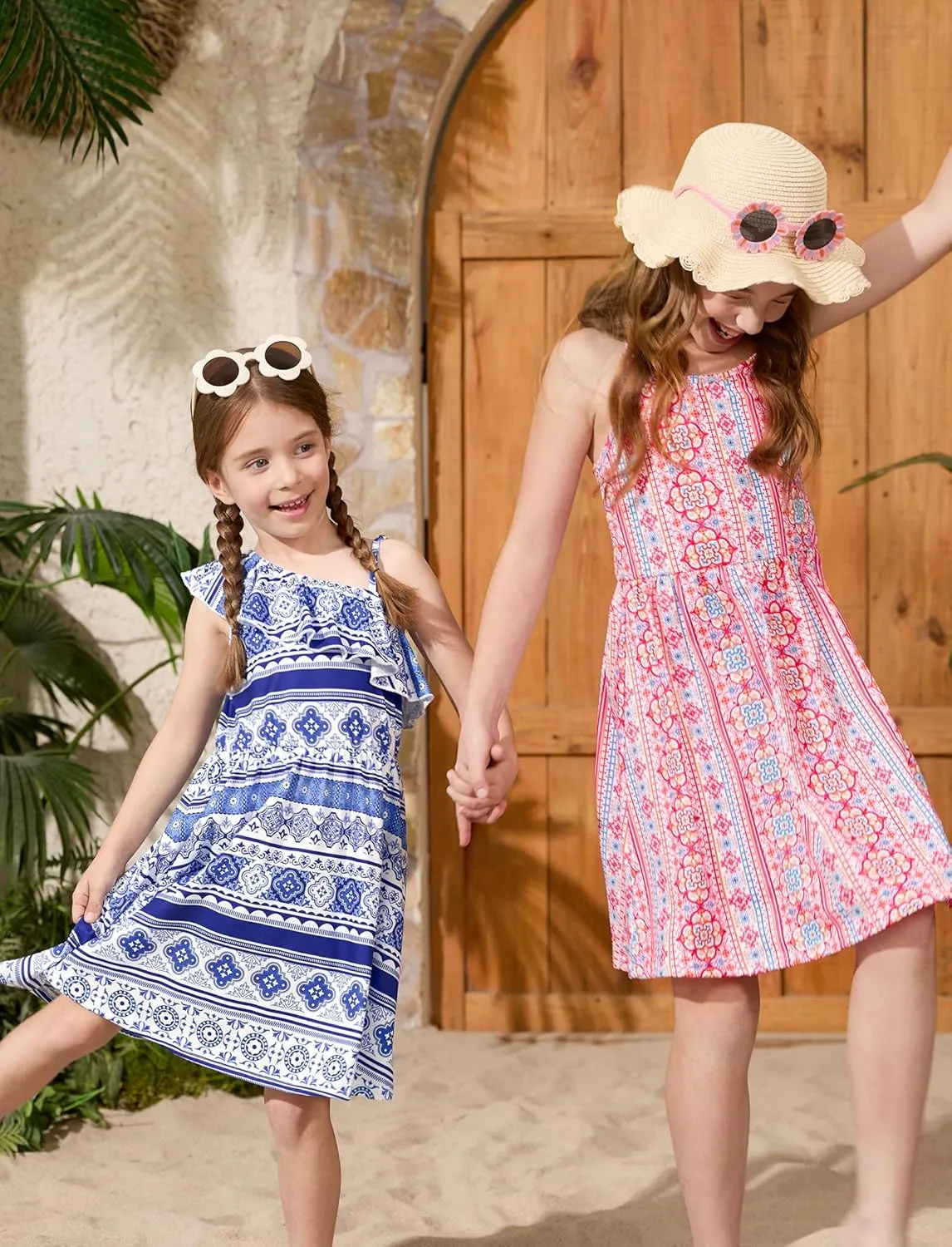 PATPAT Girls Summer Beach Dress Boho Hawaiian Floral One Shoulder Sundress Pack of 2 Size 3-10 Years